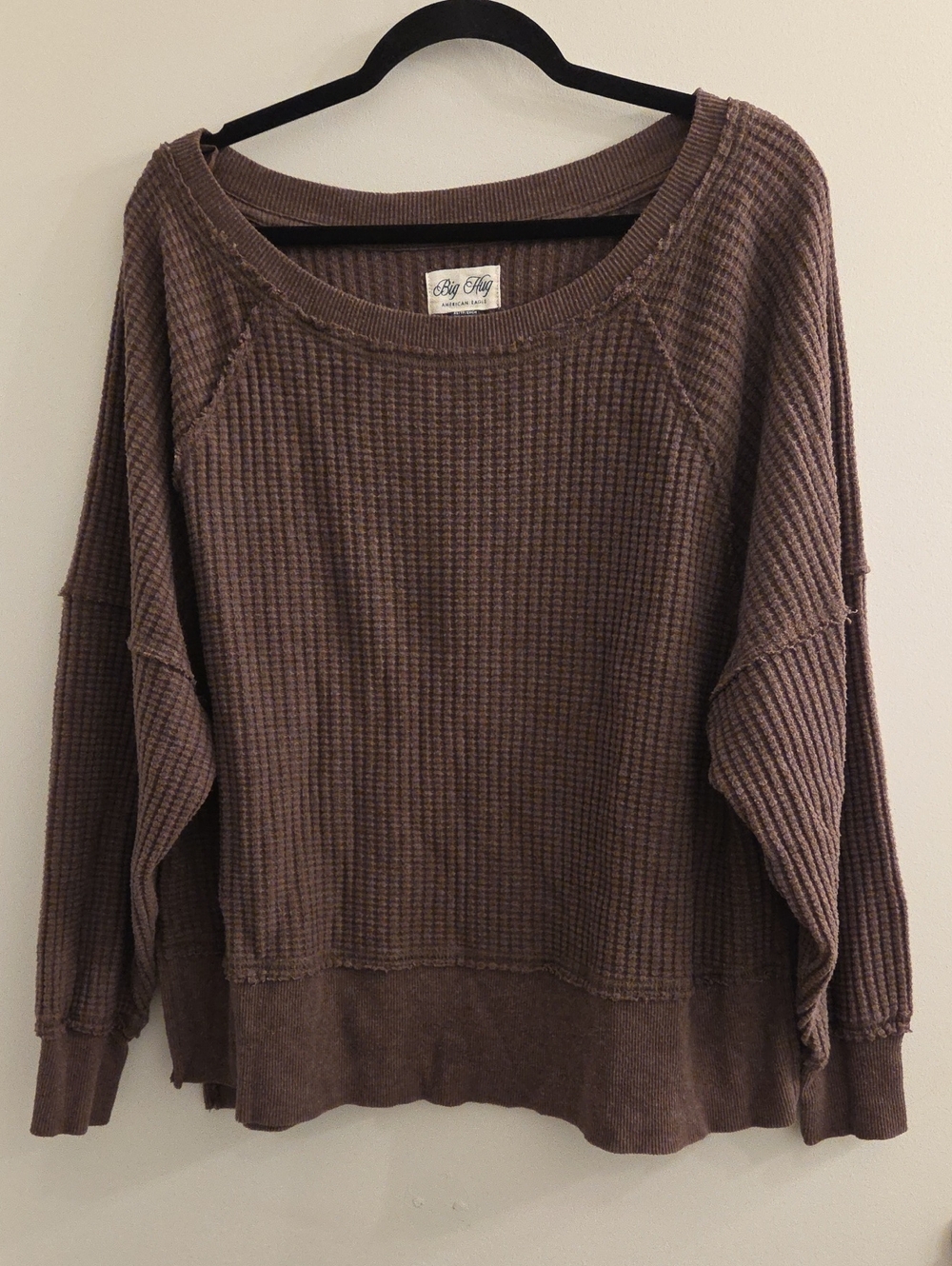 American Eagle Big Hug Off-the-Shoulder Waffle Sweatshirt In Brown